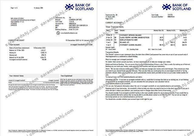 UK Bank of Scotland account statement Word and PDF template, 2 pages